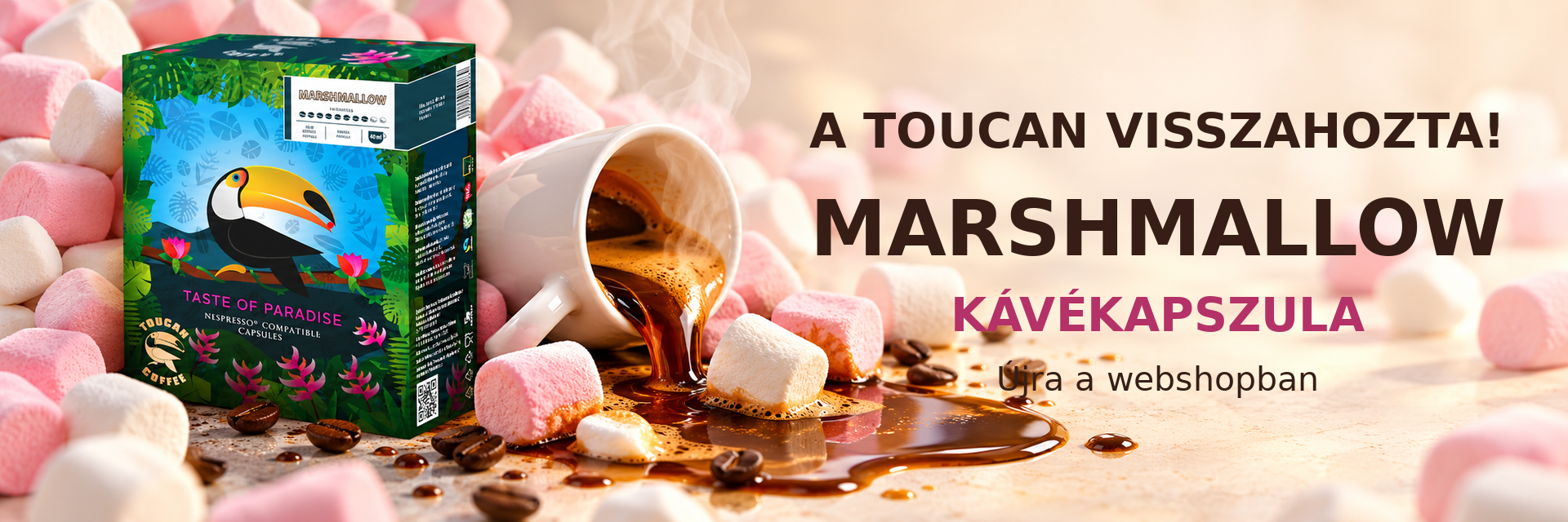 Toucan Marshmallow kávékapszula doboz marshmallow-k és kiömlő kávé mellett – újra kapható a webshopban.