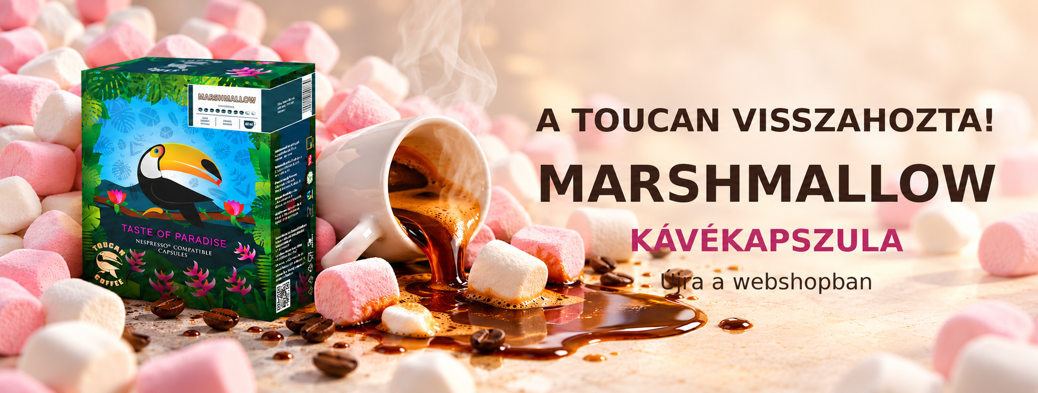 Toucan Marshmallow kávékapszula doboz marshmallow-k és kiömlő kávé mellett – újra kapható a webshopban.