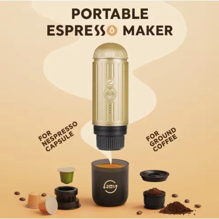 Coffee66 2 in 1 Utazó kávéfőző darált kávéhoz és nespresso kapszulához VÍZMELEGÍTÉSSEL ARANY