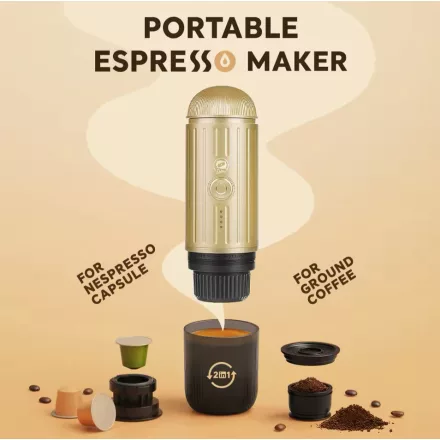 Coffee66 2 in 1 Utazó kávéfőző darált kávéhoz és nespresso kapszulához VÍZMELEGÍTÉSSEL ARANY