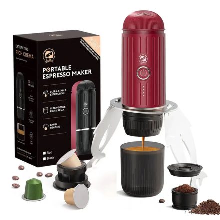 Coffee66 2 in 1 Utazó kávéfőző darált kávéhoz és nespresso kapszulához VÍZMELEGÍTÉSSEL PIROS