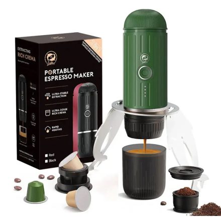 Coffee66 2 in 1 Utazó kávéfőző darált kávéhoz és nespresso kapszulához VÍZMELEGÍTÉSSEL  Zöld